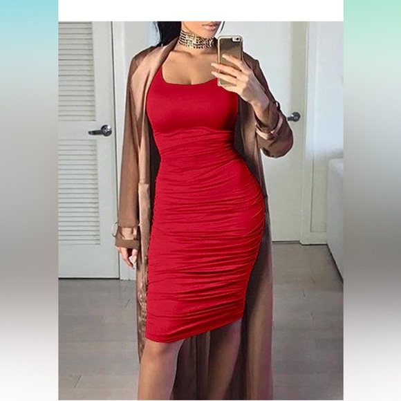 BEAGIMEG Women's Ruched Bodycon Sleeveless Tank Midi Dress; red; XXL - Picture 1 of 2